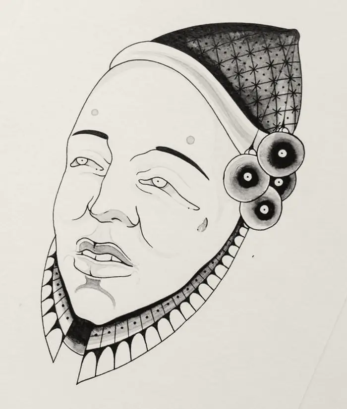 Mask with dotwork and geometric detail, drawn on paper