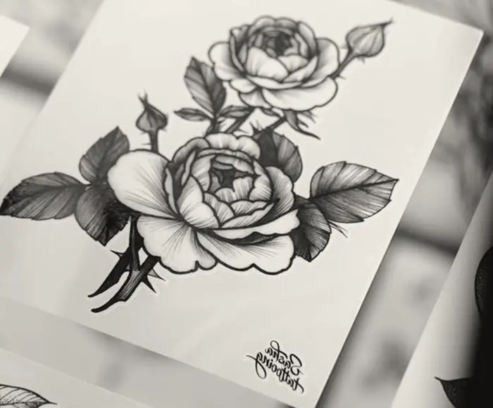 Rose stem with a bud and soft shading, drawn on paper